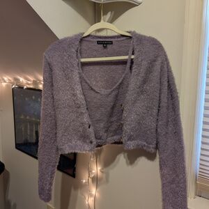 Y2k Fuzzy Lavender 3 Piece Tank Top Sweater Cardigan Skirt Set